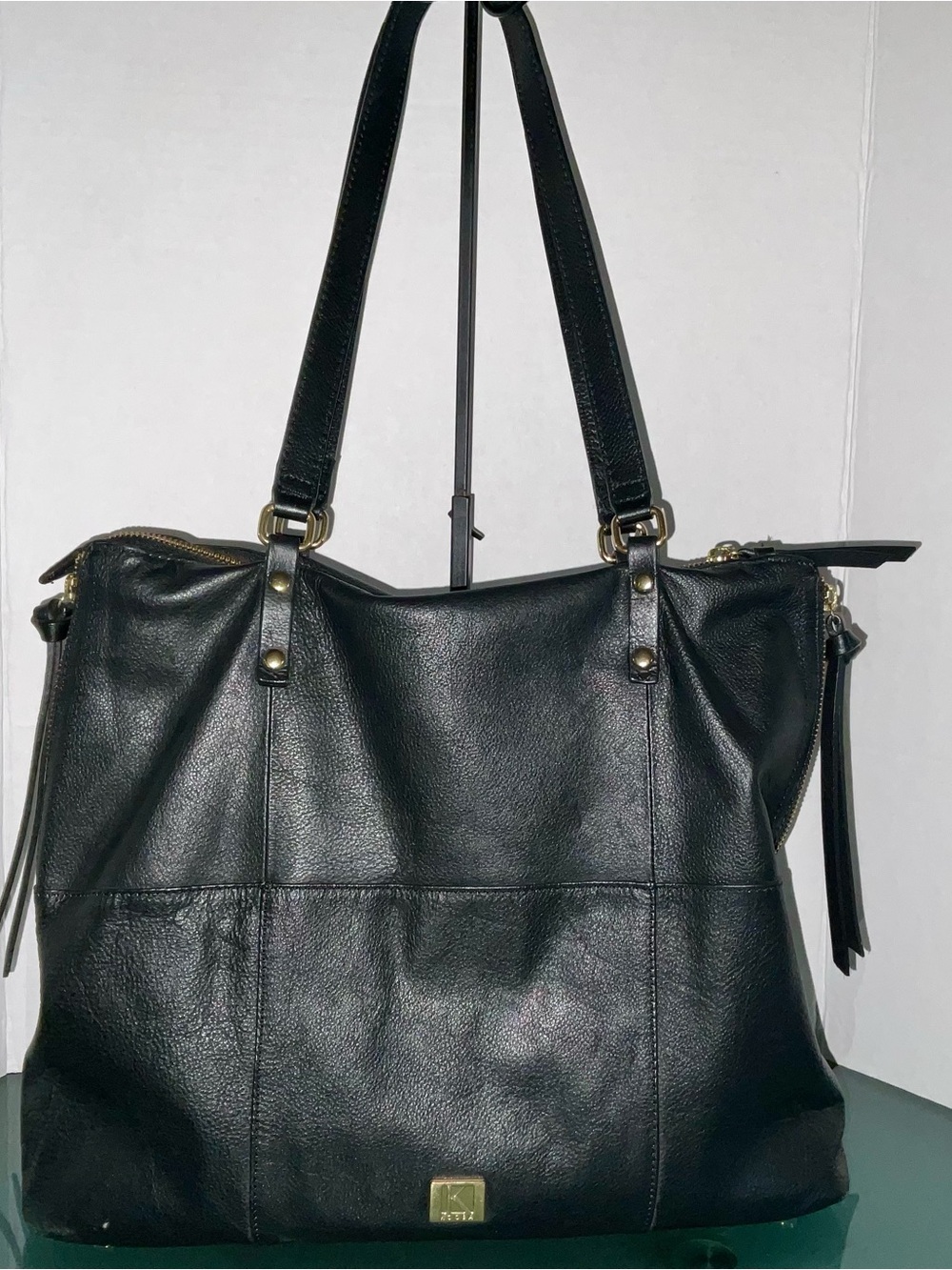 KOOBA BLACK PEBBLED LEATHER 2 STRAP SHOULDER BAG FRONT POCKET - VERY GOOD - Picture 3 of 14